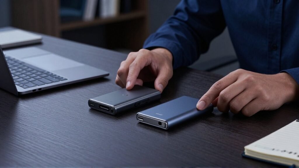 Manos de un especialista comparan dos billeteras de hardware sobre un escritorio oscuro.