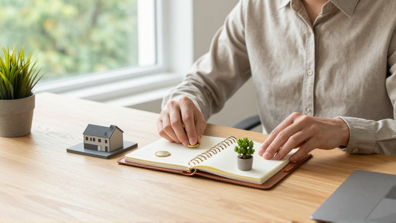 Persona organizando monedas, una maqueta y una planta en un planificador sobre un escritorio de madera.