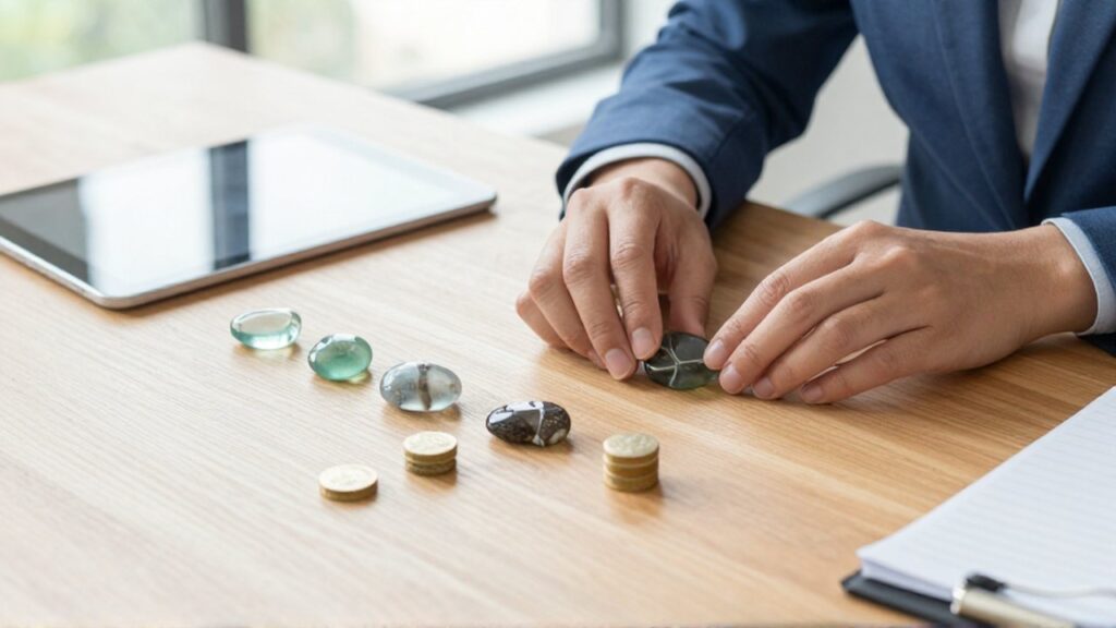 Manos organizando piedras de colores y fichas de madera sobre un escritorio para representar una cartera de inversión diversificada.