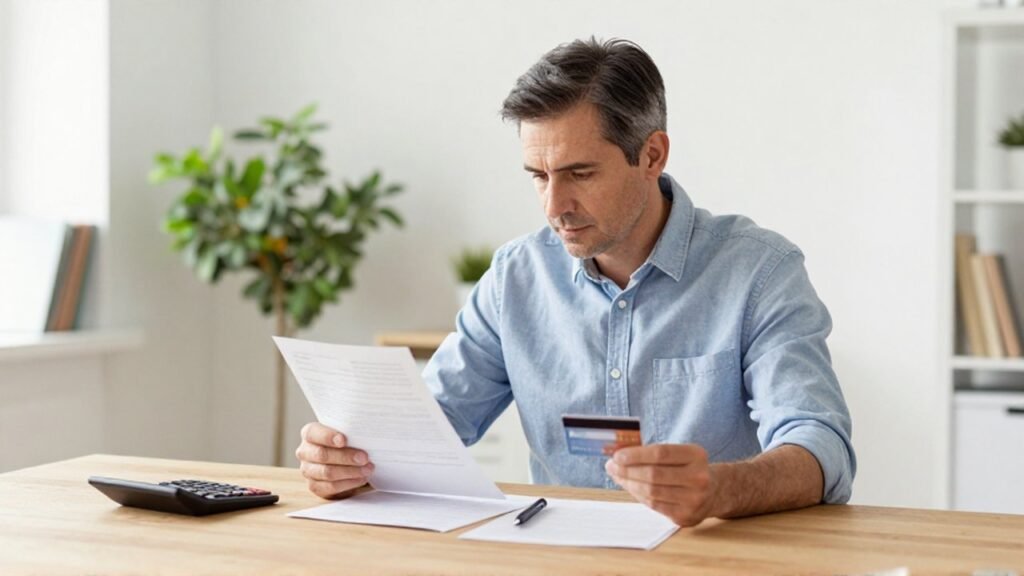 Un hombre de mediana edad revisa con calma un extracto bancario y una tarjeta en su oficina iluminada.
