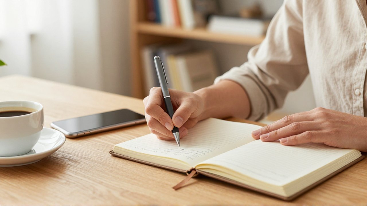 Persona sentada en un escritorio organizando sus pagos financieros en un cuaderno con luz natural.