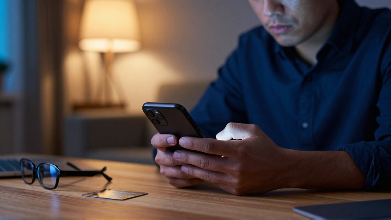 Manos sosteniendo un smartphone junto a una tarjeta de crédito sobre un escritorio de madera.