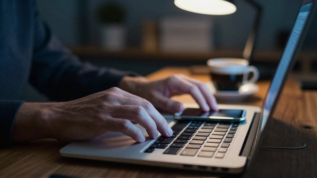 Manos de una persona dudando antes de hacer clic en un teclado iluminado por la pantalla.
