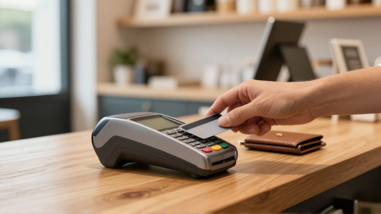 Una mano inspecciona con cuidado un terminal de pago junto a una tarjeta de contacto.