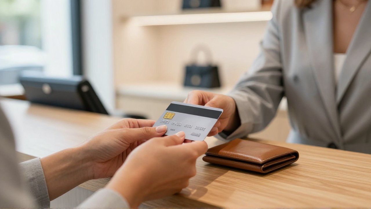 Manos sosteniendo una tarjeta de crédito para realizar un pago sin contacto en un mostrador.