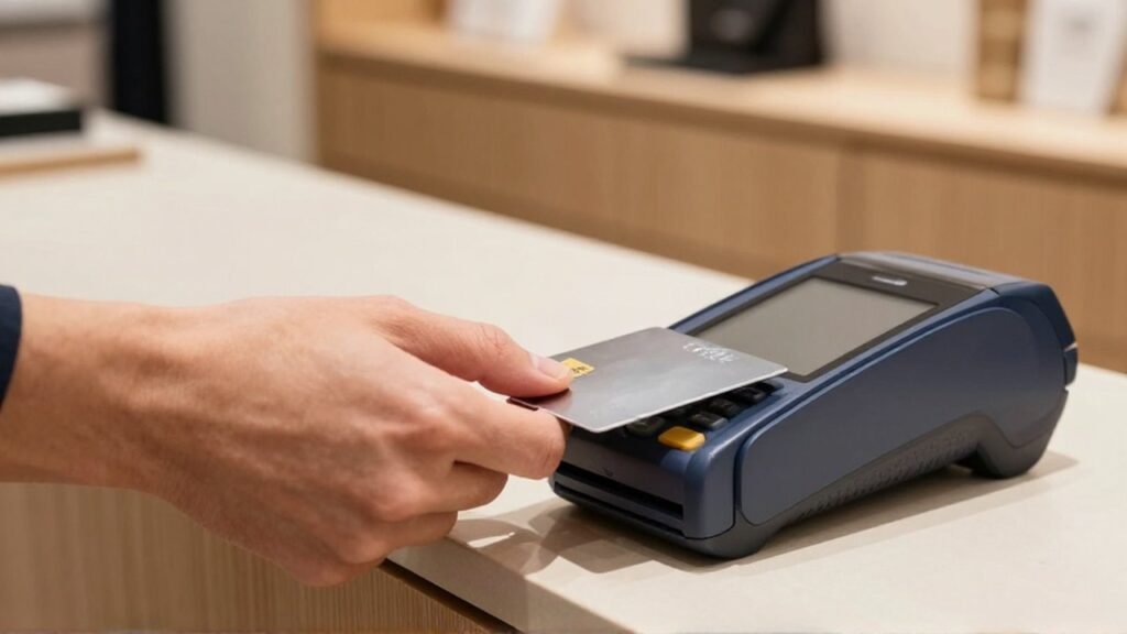 Una mano acerca una tarjeta de crédito metálica a un terminal de pago en una tienda.