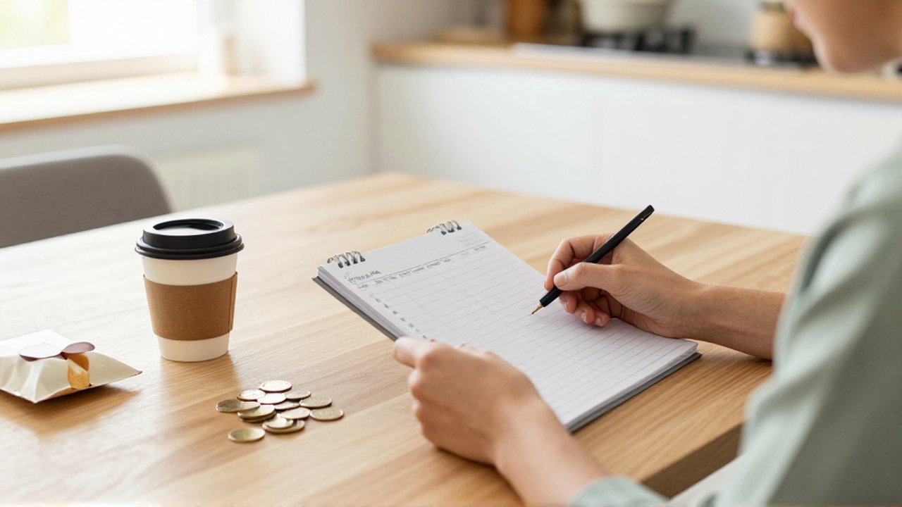 Persona revisando un planificador de presupuesto manuscrito junto a unas monedas en una cocina luminosa.
