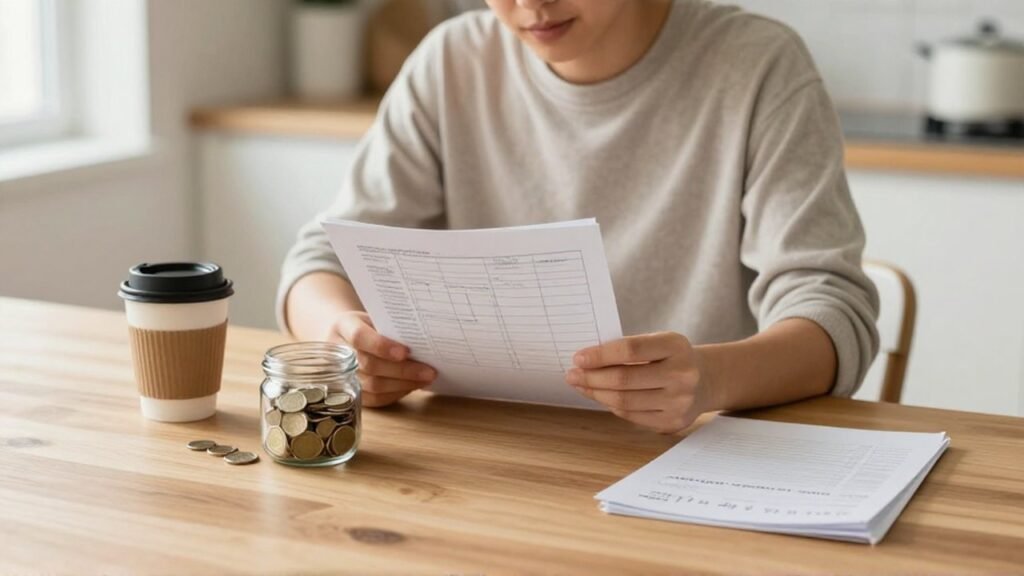 Persona revisando un presupuesto en papel junto a un frasco de monedas sobre una mesa de madera.