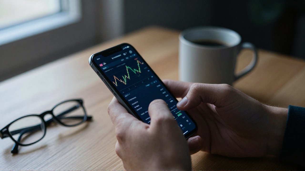 Manos sosteniendo un smartphone con un gráfico financiero en un escritorio de madera acogedor.