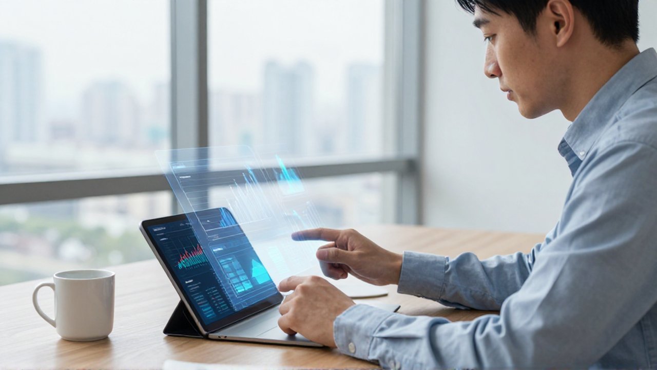 Analista financiero observa gráficos holográficos de datos en una oficina moderna y luminosa.