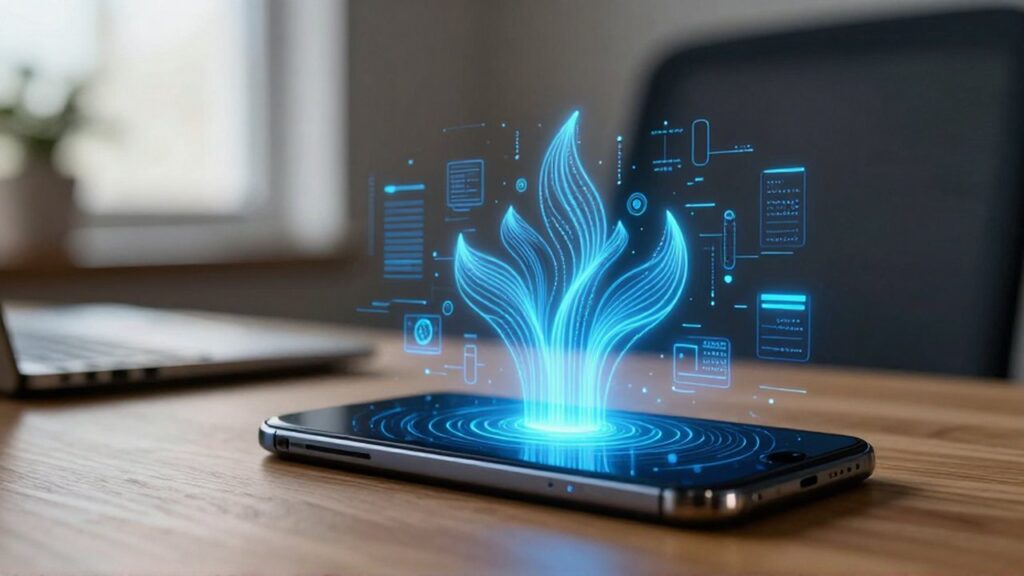 Interfaz digital de flujos de datos brillantes con forma orgánica sobre un escritorio con un smartphone.