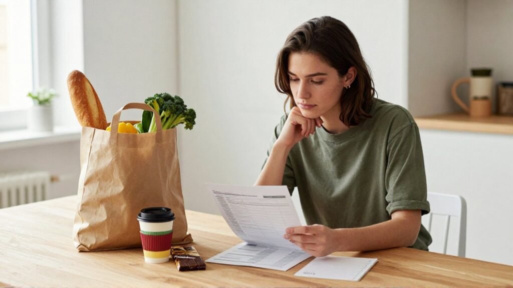 Joven revisando su presupuesto junto a una bolsa de comida y algunos caprichos en una mesa.