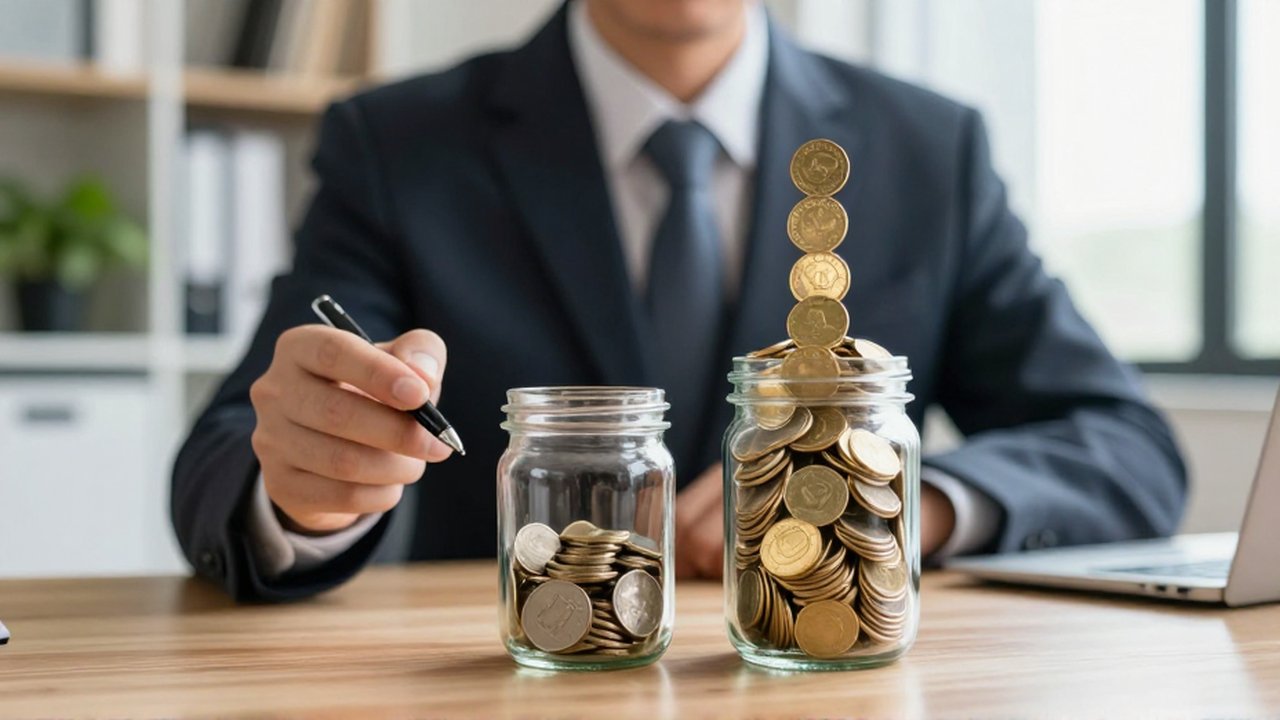 Asesor financiero señala dos frascos con monedas, uno con poco contenido y otro rebosante de oro.