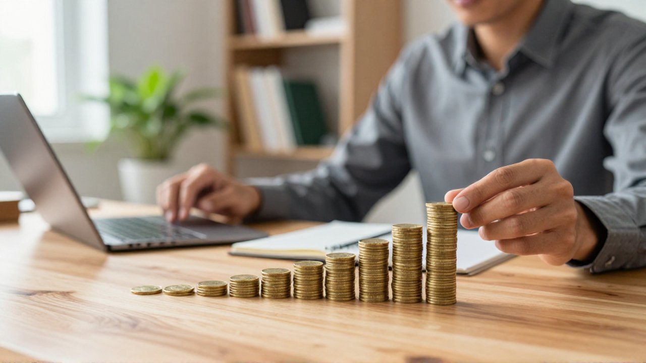 Un profesional analiza dos montones de monedas de oro que representan crecimiento lineal y exponencial.