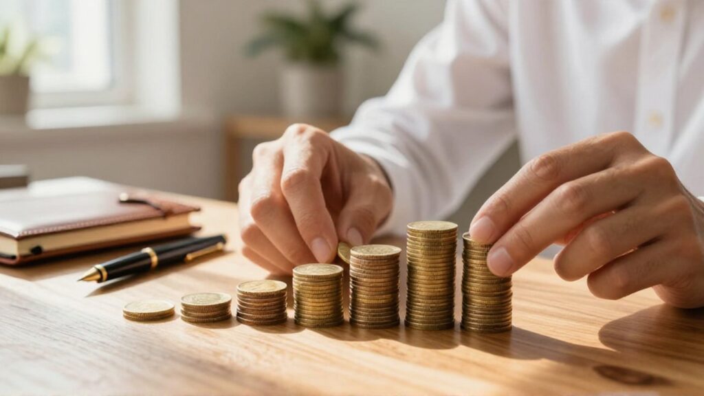 Manos organizando dos pilas de monedas de oro con distinto crecimiento sobre un escritorio de madera.