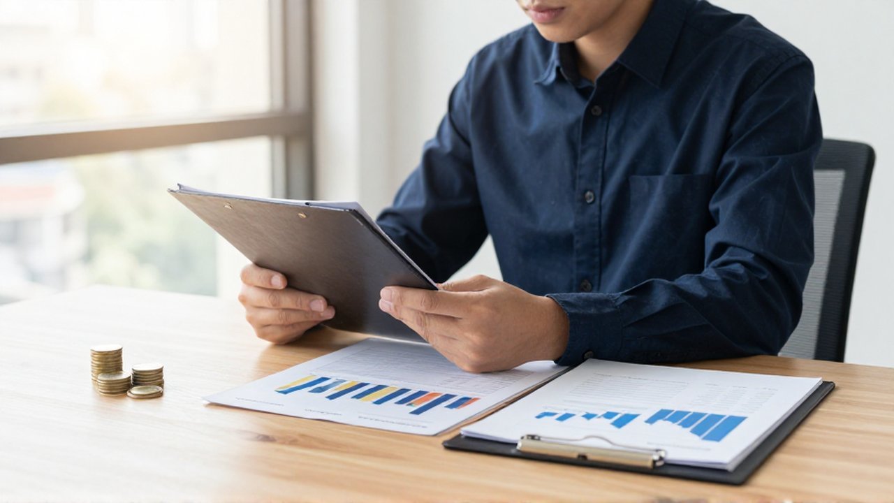 Profesional financiero analiza documentos y gráficos de inversión en una oficina luminosa y moderna.