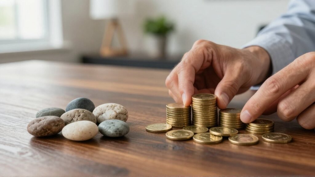Manos organizando piedras irregulares y monedas de oro apiladas sobre un escritorio de madera.