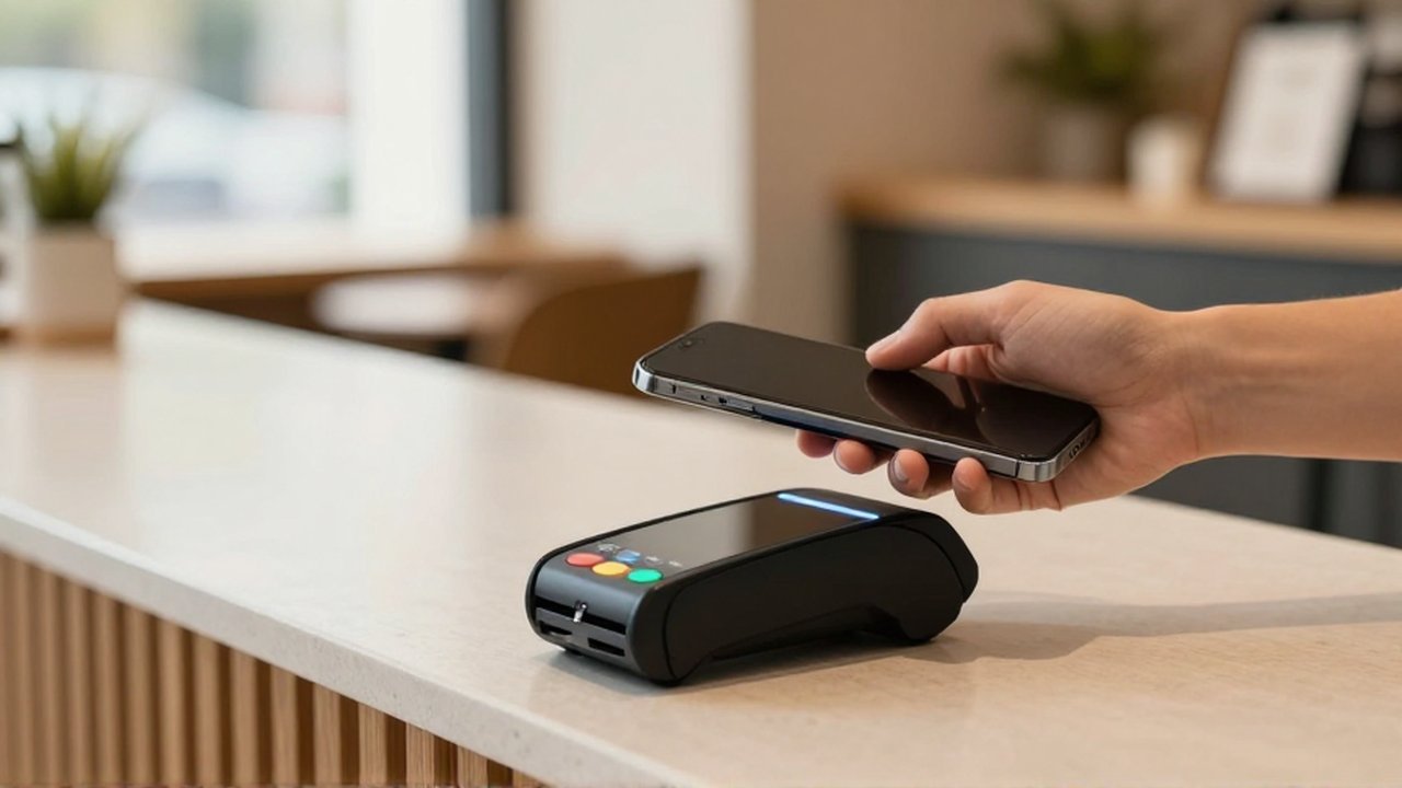 Una mano acerca un smartphone a un terminal de pago en la barra de una cafetería.