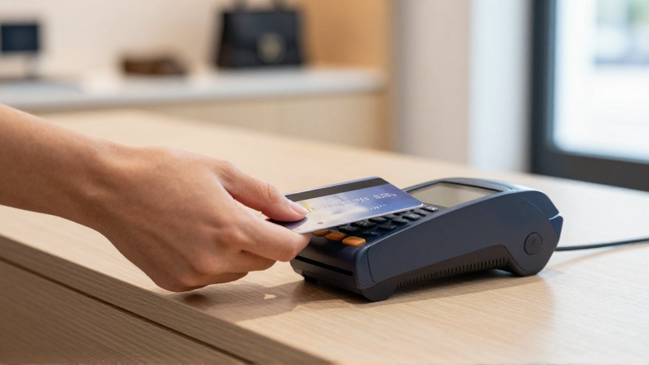 Una mano acerca una tarjeta de débito moderna a un terminal de pago sin contacto en una boutique.