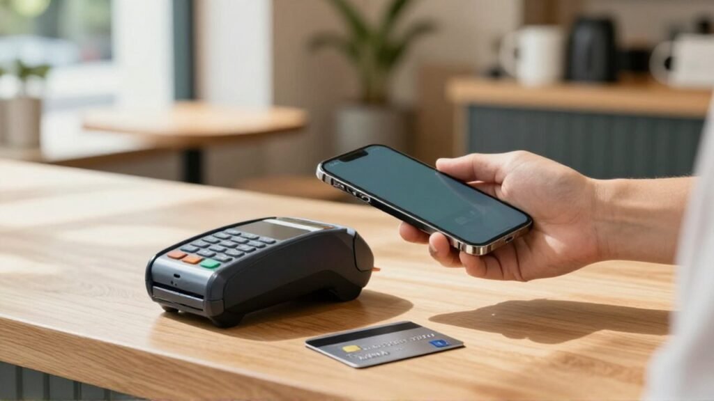 Una mano acerca un smartphone a un terminal de pago en un café moderno.