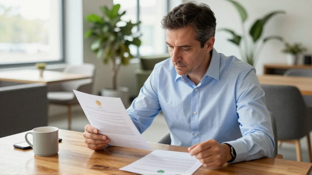 Hombre reflexivo comparando un contrato bancario y un acuerdo cooperativo en una oficina iluminada.