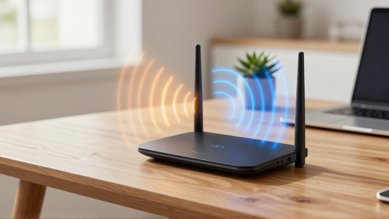Router inalámbrico sobre un escritorio de madera con ondas brillantes de color ámbar y azul.