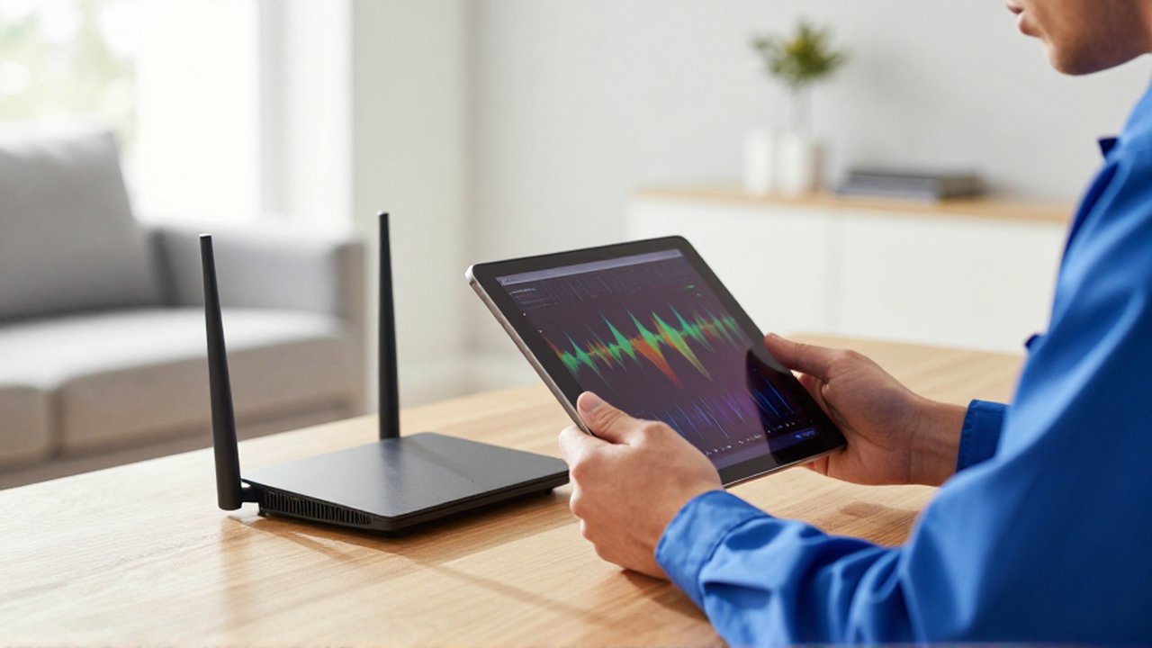 Un especialista en tecnología revisa un router inalámbrico con una tableta digital en una oficina moderna.