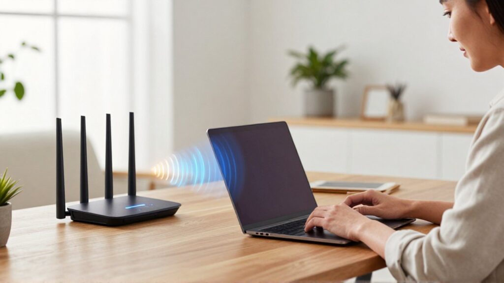 Persona trabajando con un portátil en una oficina luminosa junto a un router inalámbrico.
