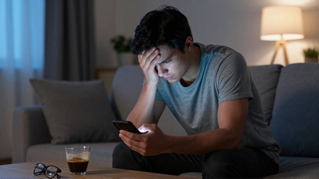 Hombre joven sentado en un sofá con expresión de frustración sosteniendo un smartphone en una sala tenue.