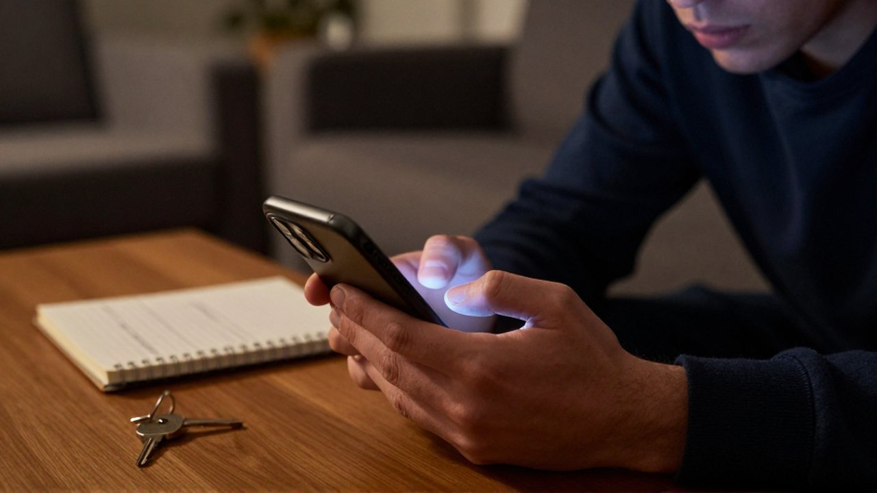 Manos sostienen un teléfono inteligente sobre una mesa junto a un cuaderno y una llave de seguridad física.