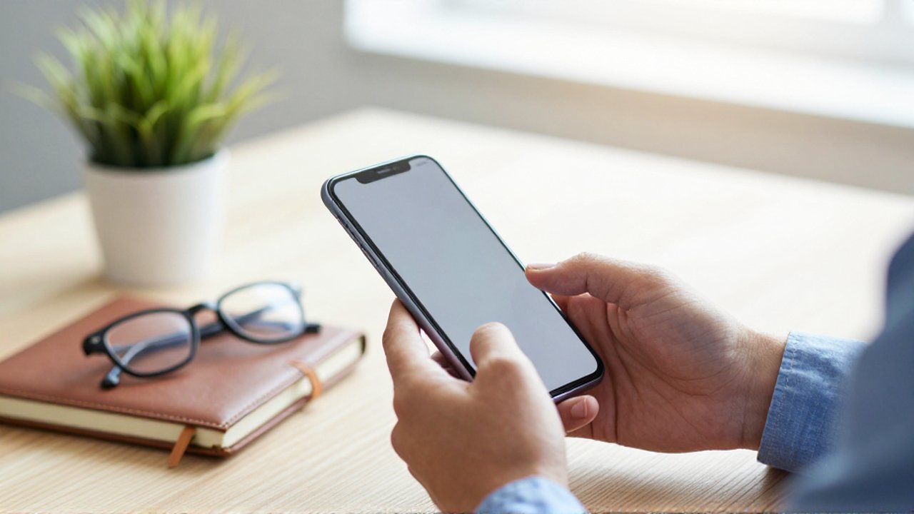 Manos sujetando un smartphone sobre un escritorio organizado con un cuaderno y anteojos.