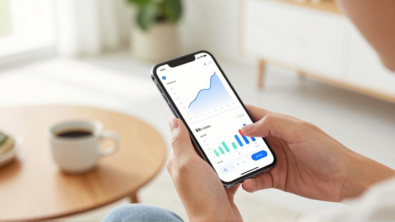 Manos interactuando con gráficos financieros en un smartphone sobre una mesa de madera luminosa.