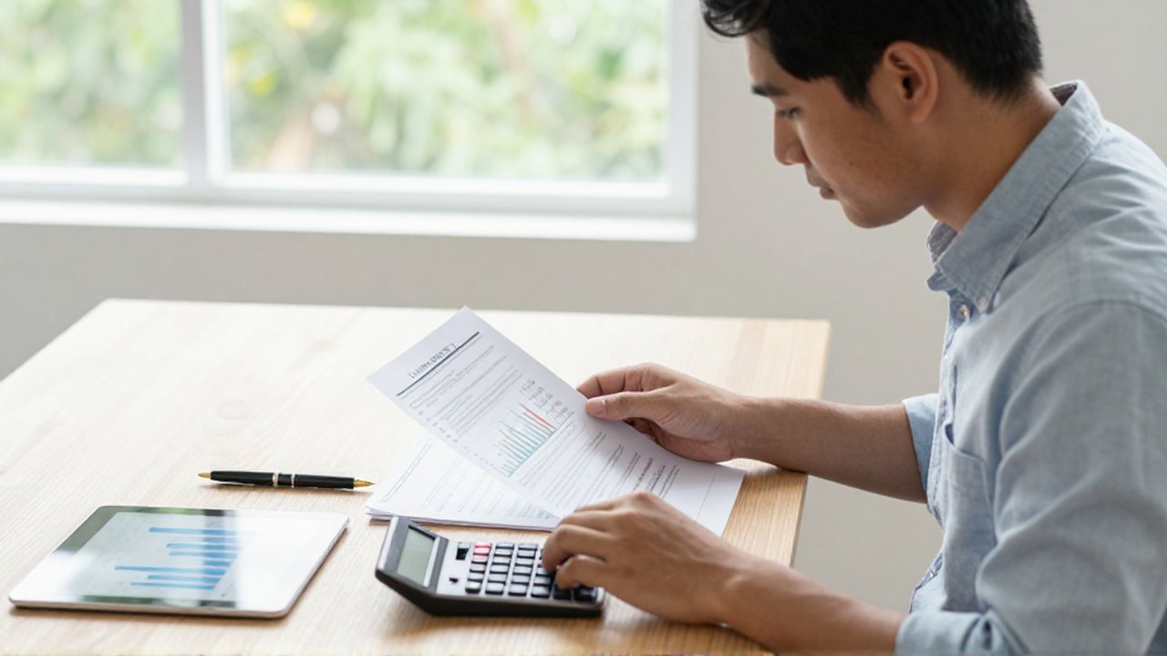 Un joven profesional analiza documentos financieros y usa una calculadora en su oficina en casa.