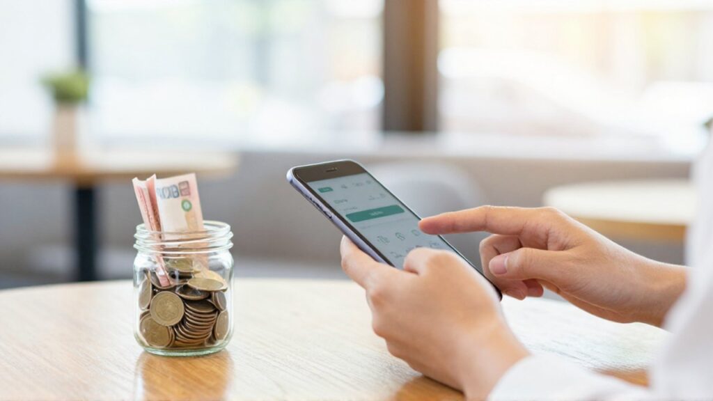 Manos usando un smartphone junto a un frasco con monedas en una mesa de madera.