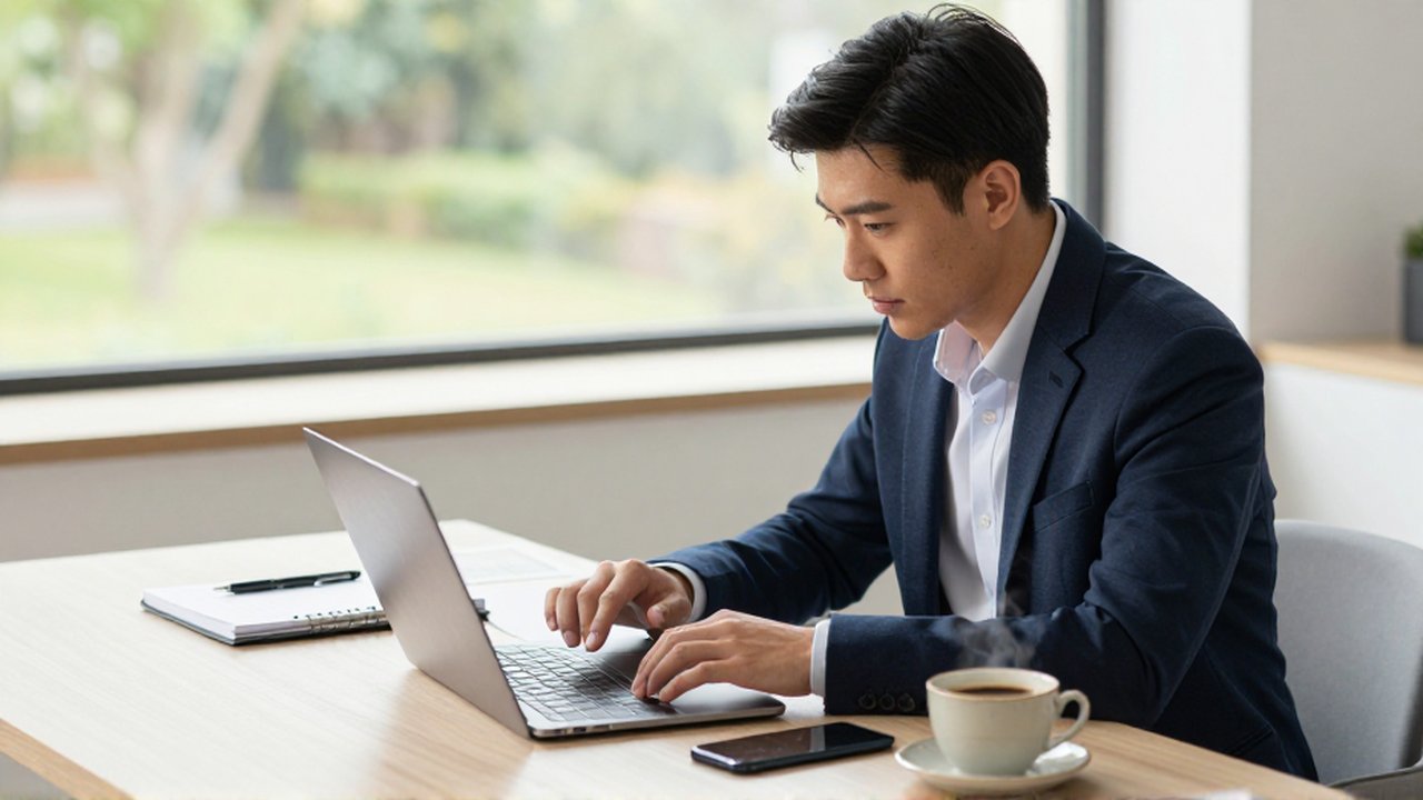 Joven profesional analiza datos financieros en su laptop dentro de una oficina moderna y luminosa.