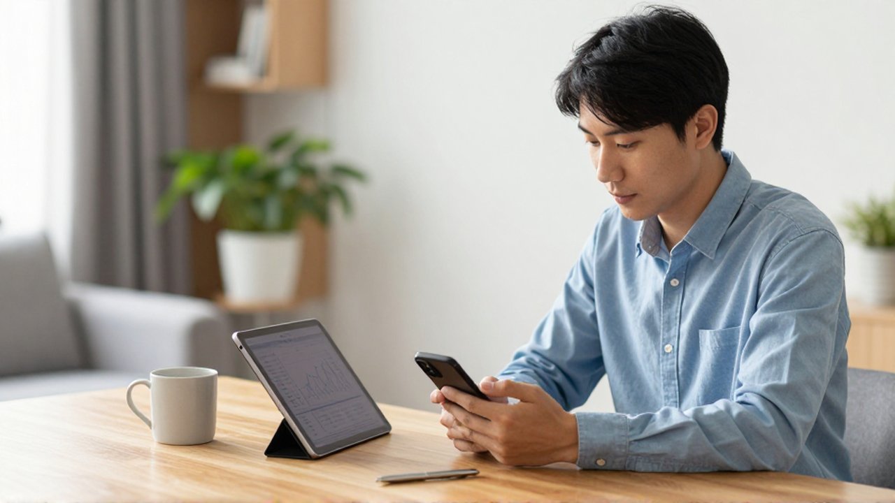 Un joven profesional estudia datos financieros en un smartphone y tablet en una oficina iluminada.