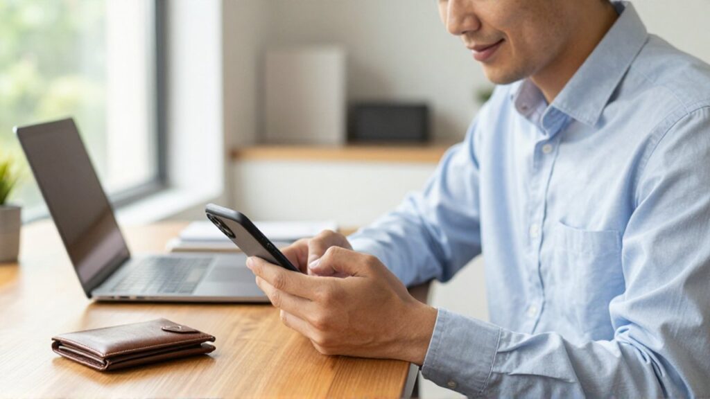 Joven profesional revisa una aplicación financiera en su smartphone dentro de una oficina moderna y luminosa.