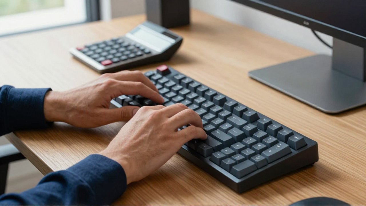 Manos de un analista escribiendo con precisión en un teclado mecánico sobre un escritorio de madera.