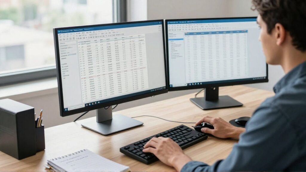 Analista financiero trabajando con tecnología avanzada en un escritorio moderno y luminoso.
