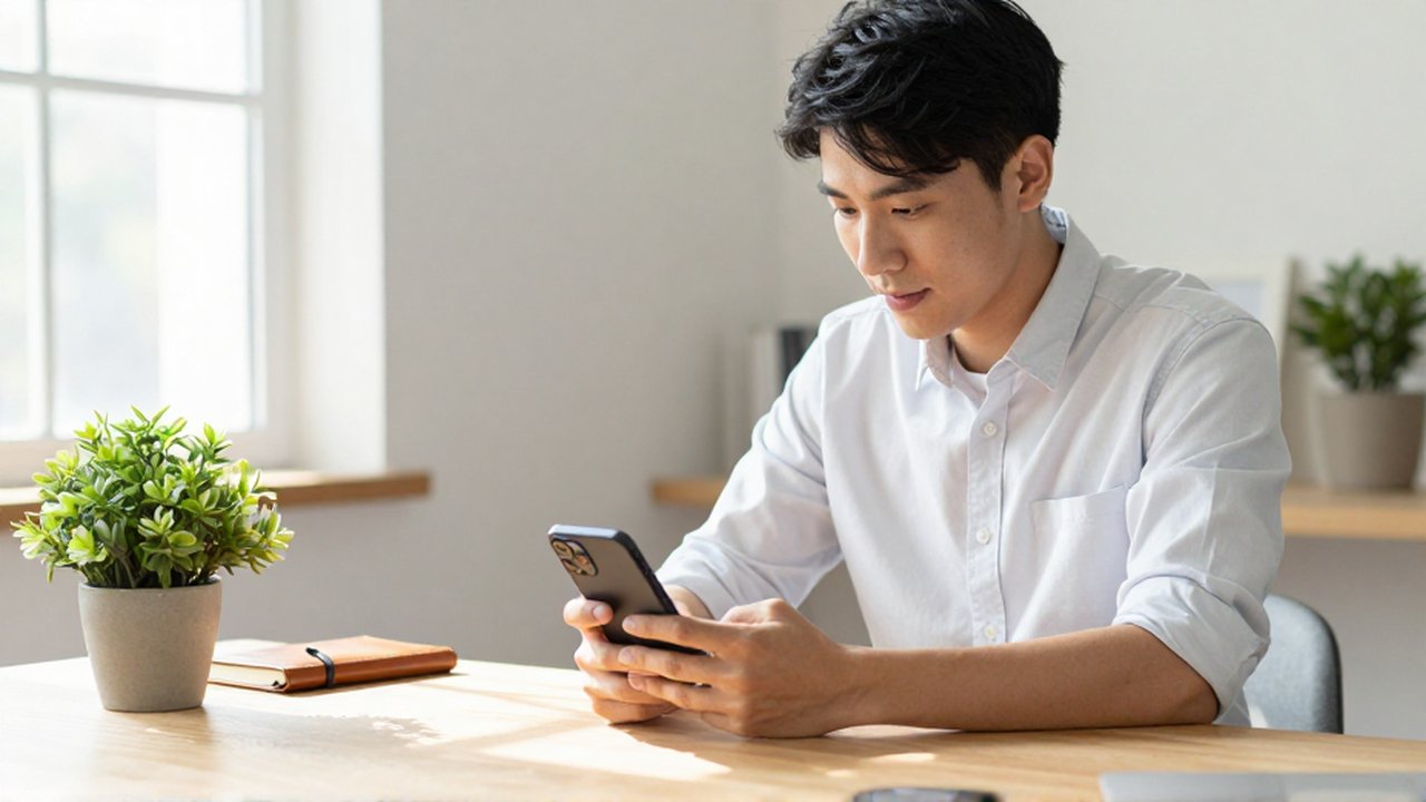 Un joven profesional usa un smartphone en un escritorio iluminado para revisar su progreso financiero.
