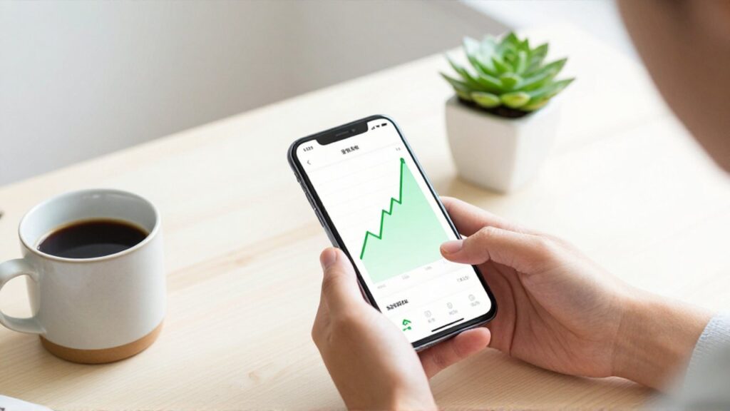 Manos sosteniendo un smartphone con un gráfico de crecimiento financiero sobre un escritorio organizado.