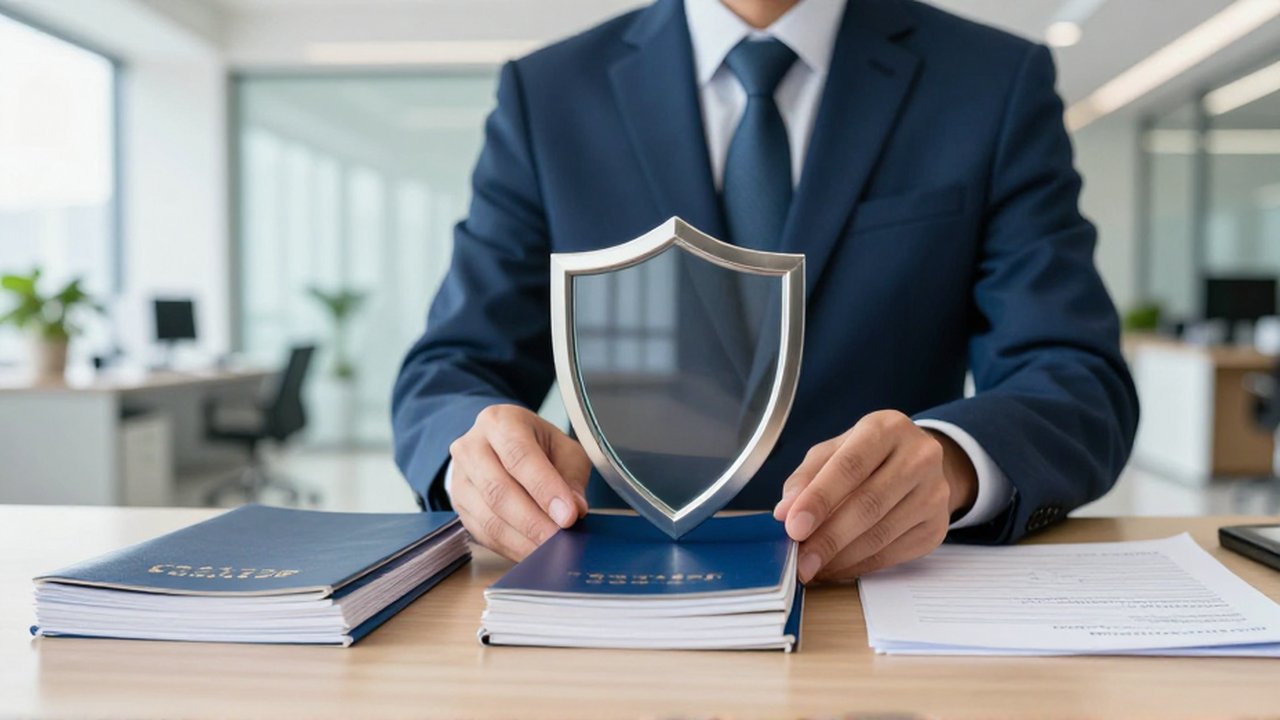 Un empleado bancario coloca un escudo plateado sobre documentos y libretas de ahorro en una oficina moderna.