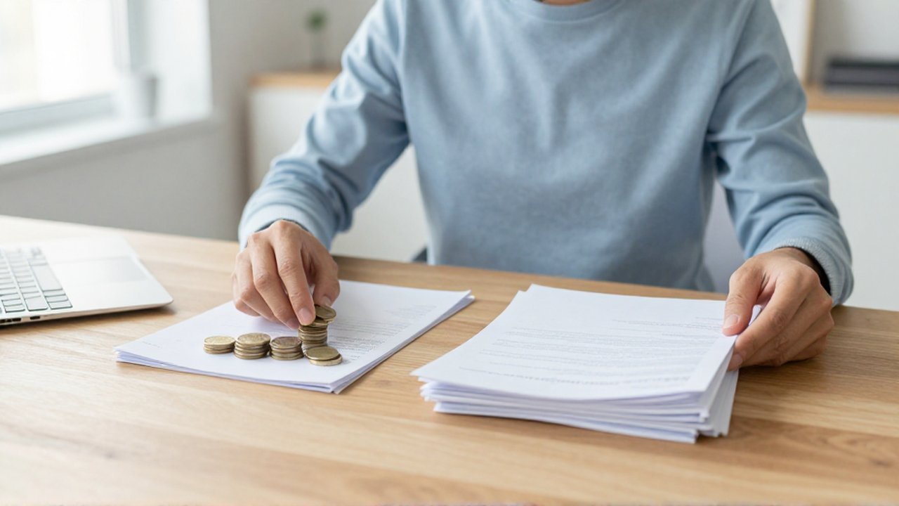 Una persona organiza pilas de documentos y monedas sobre un escritorio de madera en un ambiente luminoso.