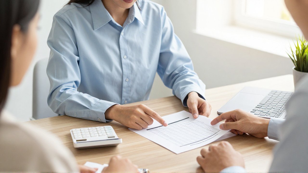 Un asesor financiero explica un plan de pagos a un cliente señalando una tabla de amortización.