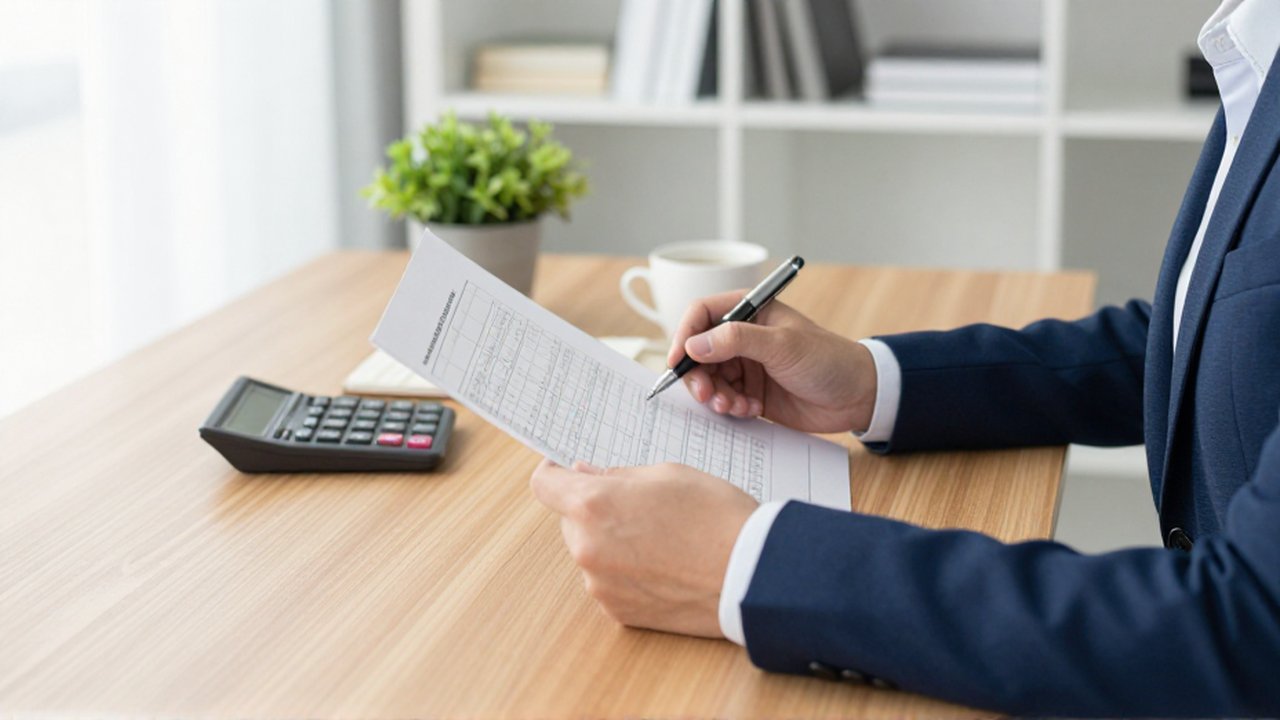 Persona analizando un documento con tablas y columnas en un escritorio de oficina iluminado.