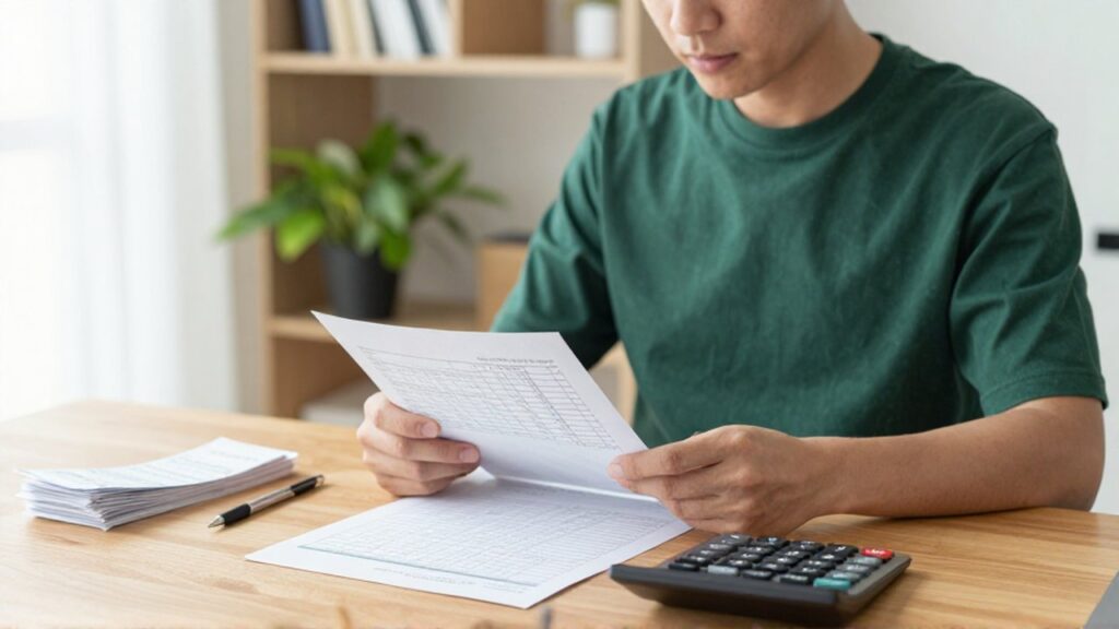 Una persona joven revisa documentos financieros y usa una calculadora en un escritorio ordenado.