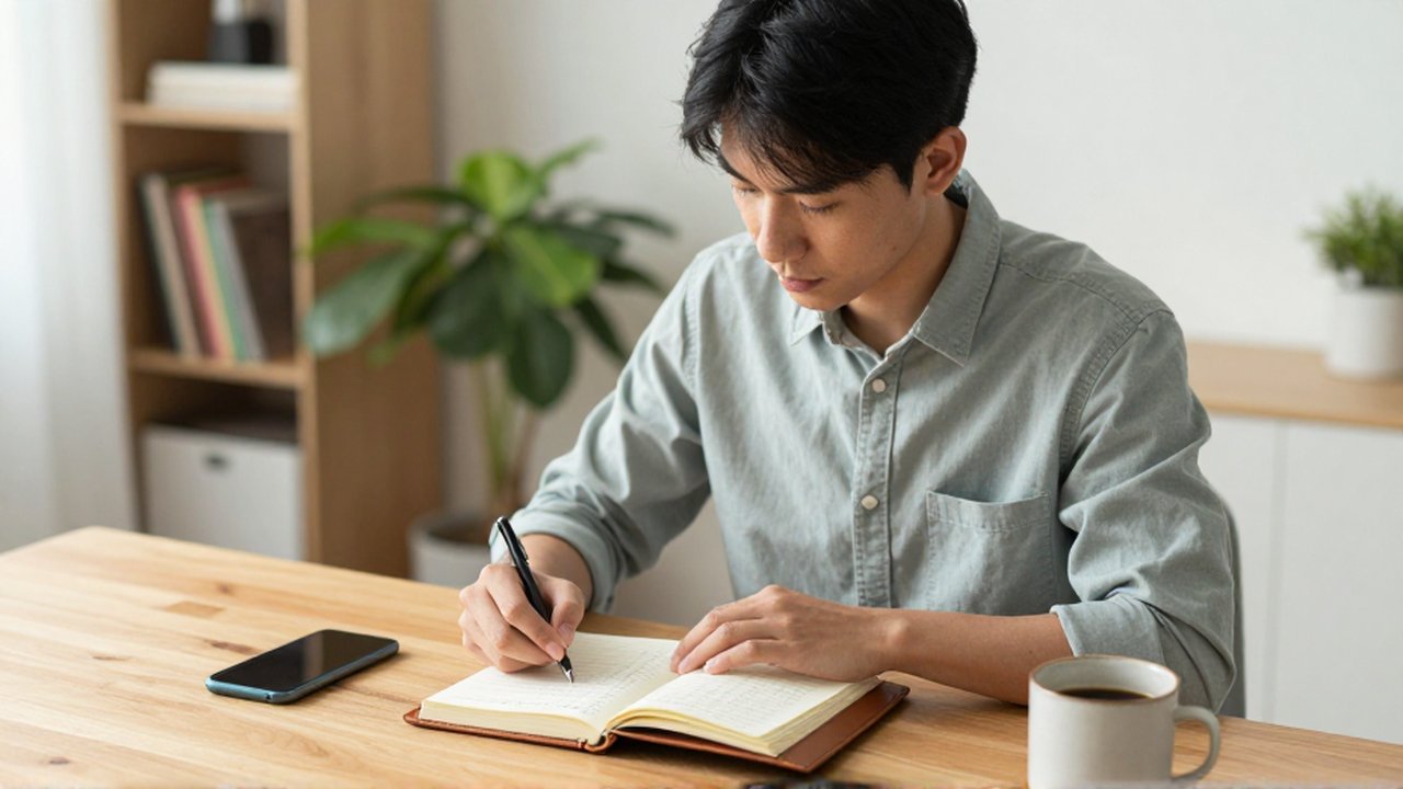 Joven profesional revisa con atención un cuaderno de notas en su escritorio de madera iluminado por luz natural.