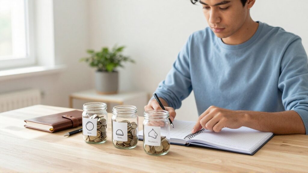 Joven organizando monedas en tres frascos de vidrio etiquetados sobre un escritorio de madera.