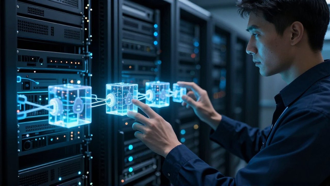 Técnico inspeccionando una cadena de cubos de cristal brillantes en un centro de datos moderno.
