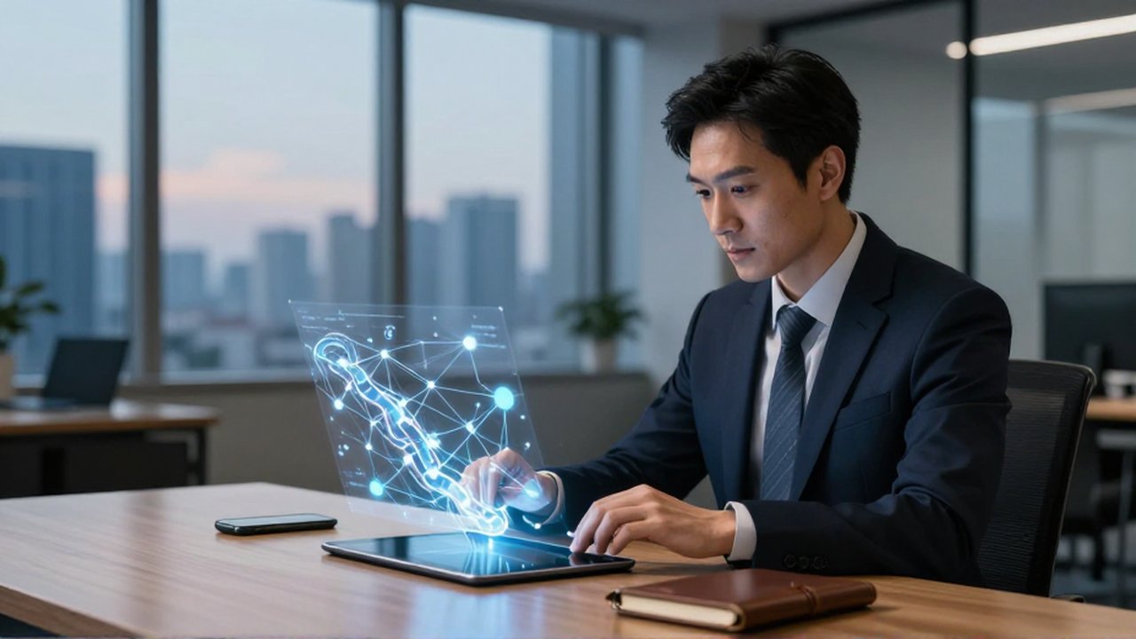 Analista financiero examinando una cadena de datos holográficos en una oficina moderna al atardecer.